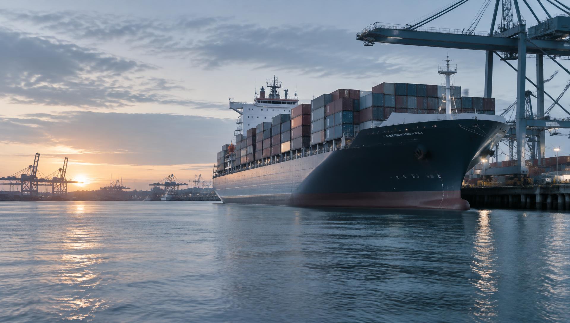 Commercial container vessel berthed at a Baltic Sea port at dawn